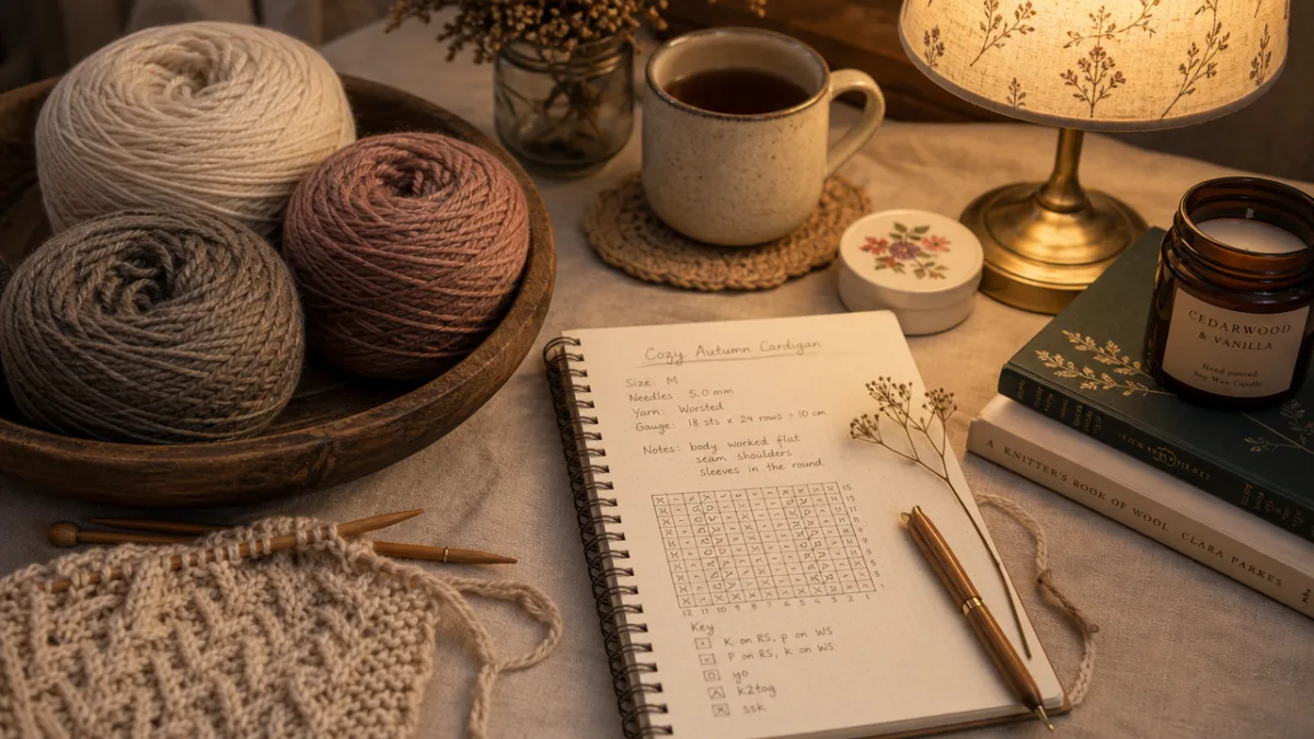 a cozy knitting setup with yarn cakes, wooden needles and a pattern…