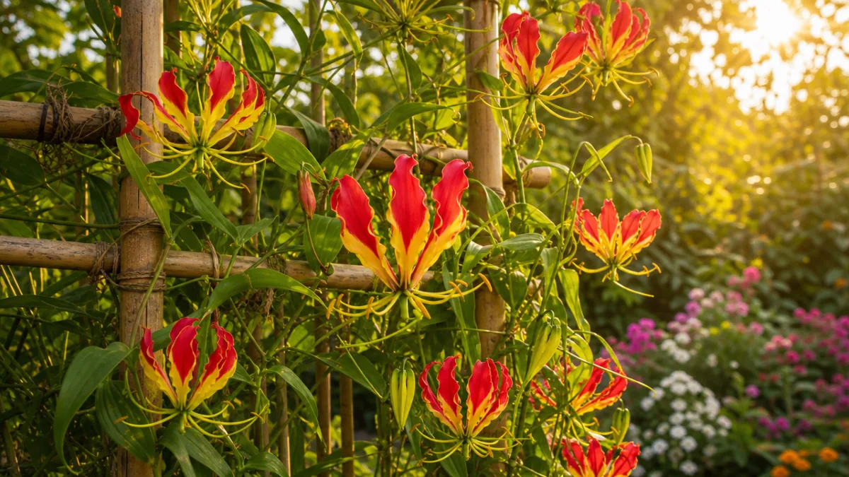 vibrant Gloriosa lily flowers climbing a bamboo trellis in a sunlit garden,…