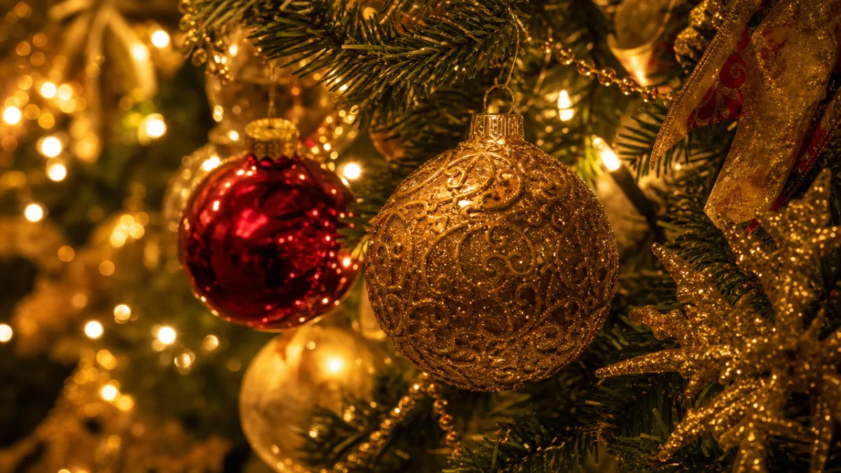 a close-up of glittering Christmas ornaments on a decorated tree, warm golden…