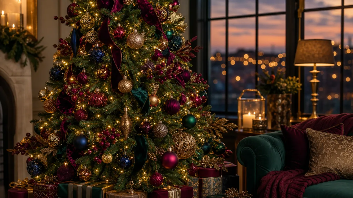 an elegantly styled Christmas tree with mixed ornaments in rich jewel tones,…