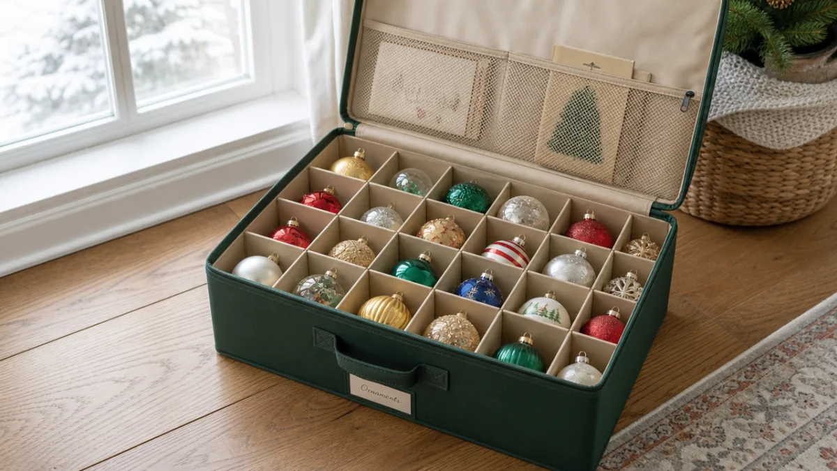 a neatly organized ornament storage box open on a wooden floor, soft…