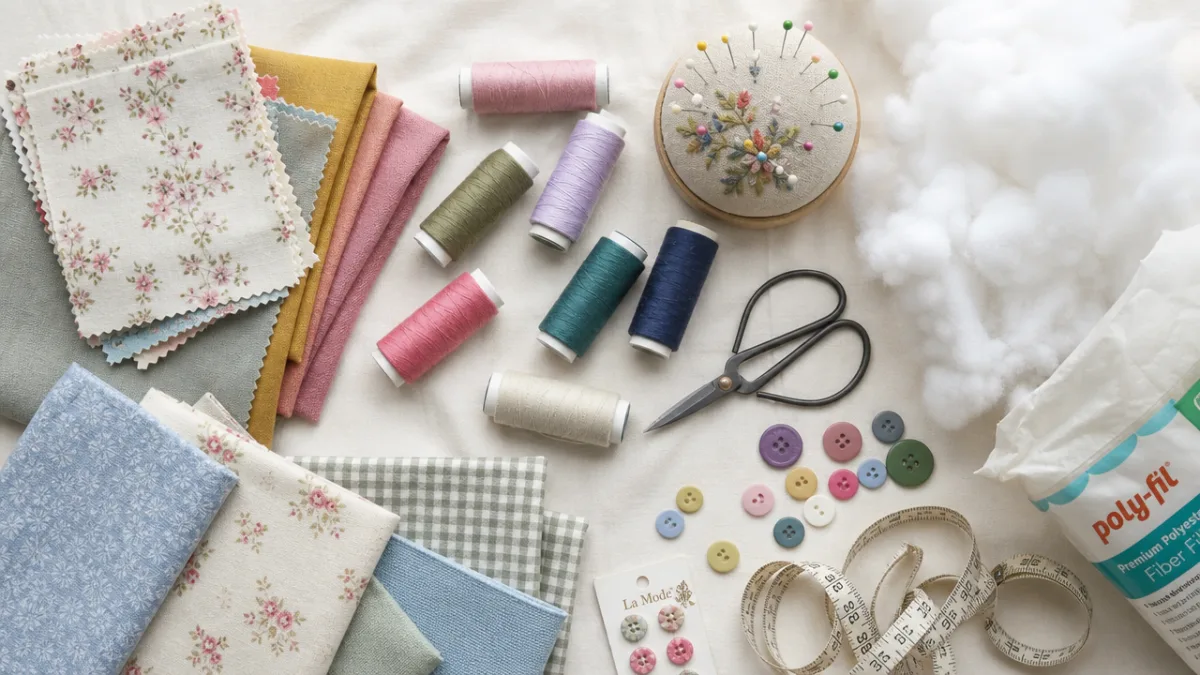 a flat lay of colorful sewing supplies including fabric swatches, thread spools,…