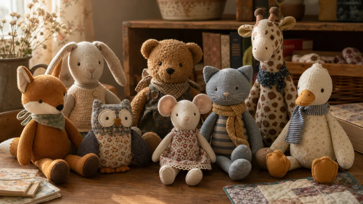 a collection of handmade stuffed animals in various fabrics arranged on a…