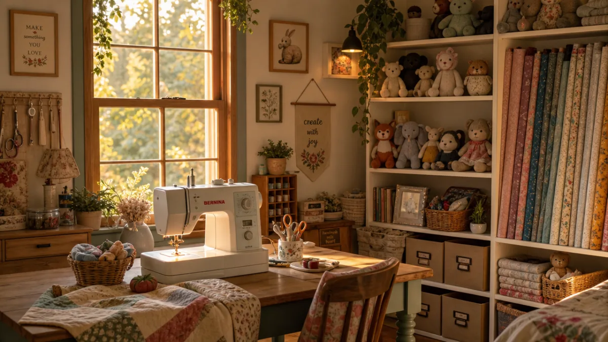 a cozy craft studio with sewing machine, fabric bolts, and finished stuffed…