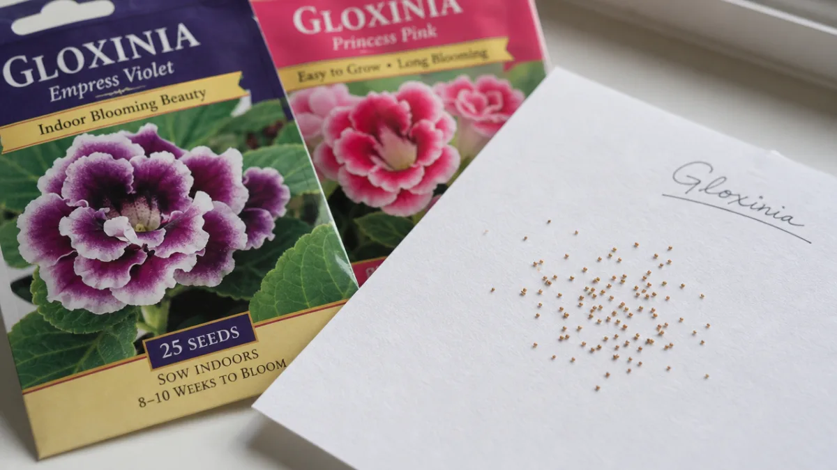 a close-up of tiny gloxinia seeds on white paper beside colorful seed…