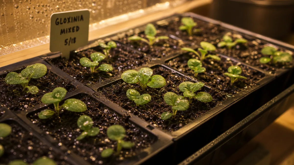 a propagation tray with tiny gloxinia seedlings under soft grow lights, warm…