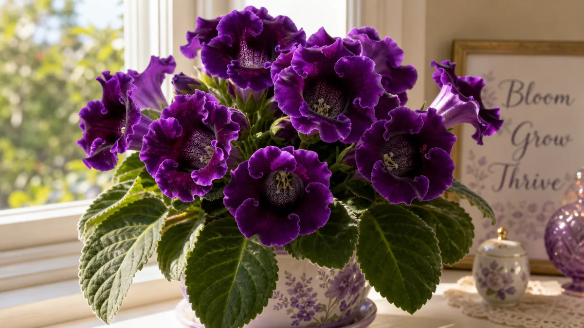 a gloxinia plant in full bloom with deep purple velvety flowers on…