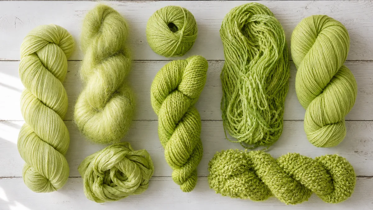 a flat lay of lime green yarn skeins in various textures arranged…