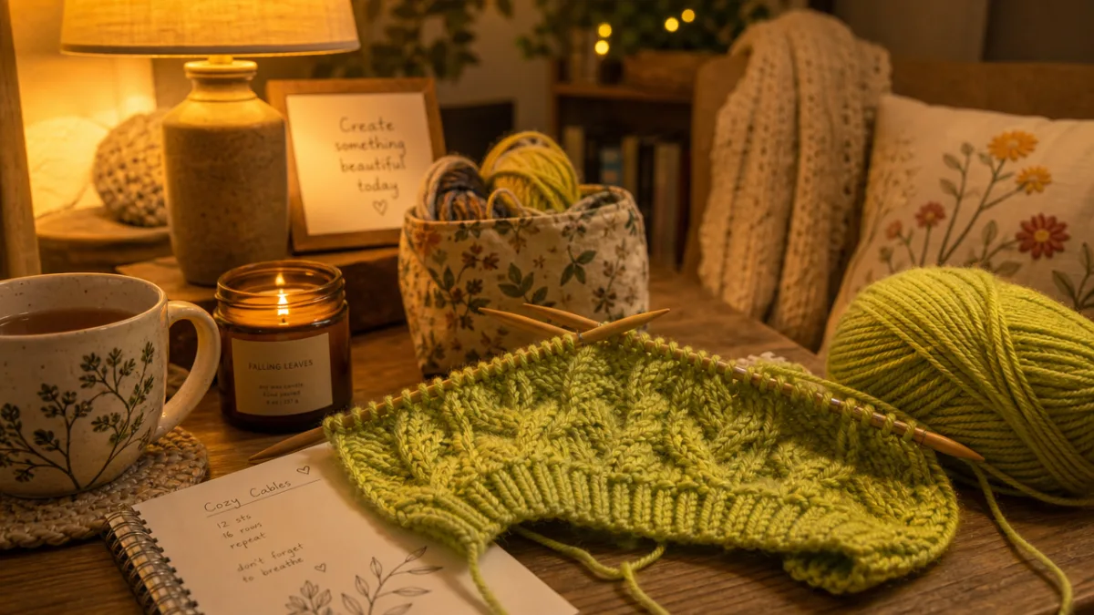 a cozy crafting scene with knitting needles and a lime green yarn…