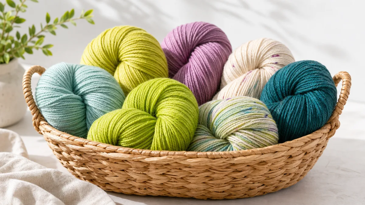a group of colorful yarn skeins in lime green and complementary tones…