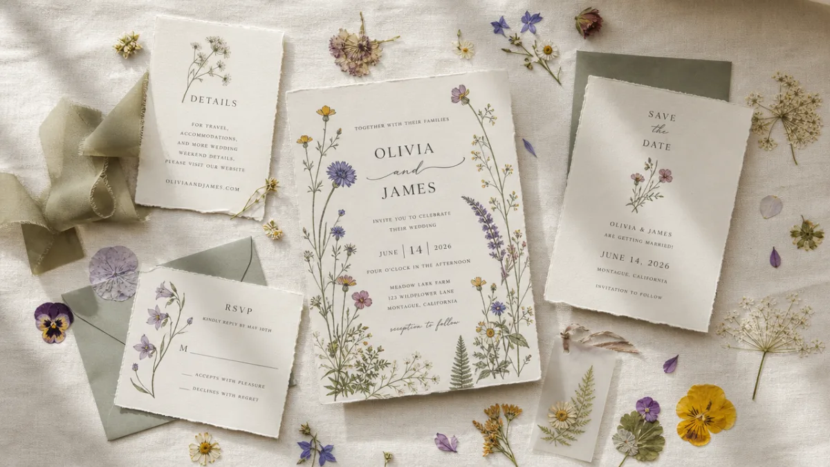 a flat lay of wildflower wedding invitations on cream linen with scattered…