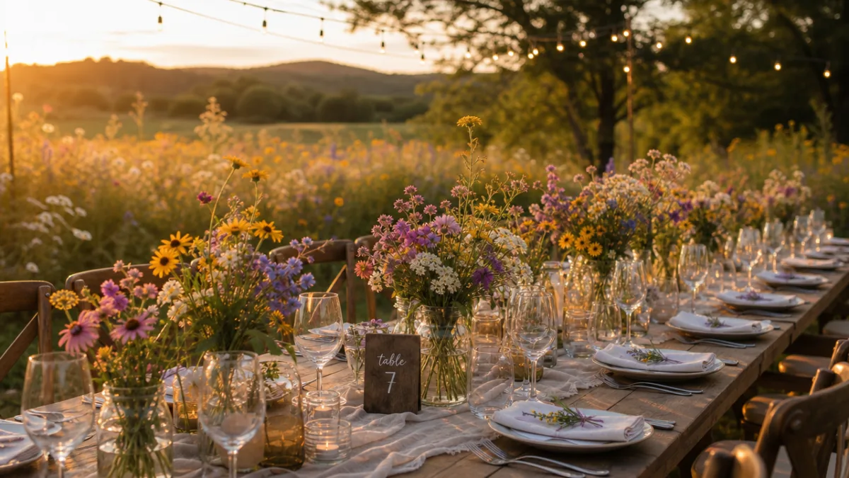 a wildflower wedding reception table set outdoors in a meadow, golden hour…