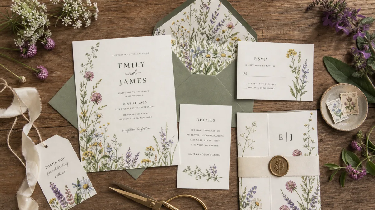 a wildflower wedding stationery suite spread across a wooden table with botanical…