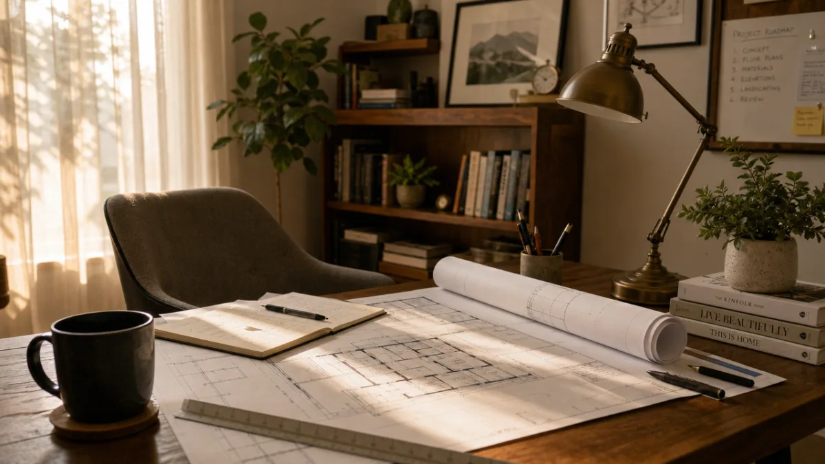 a cozy home office planning session with blueprints spread on a wooden…