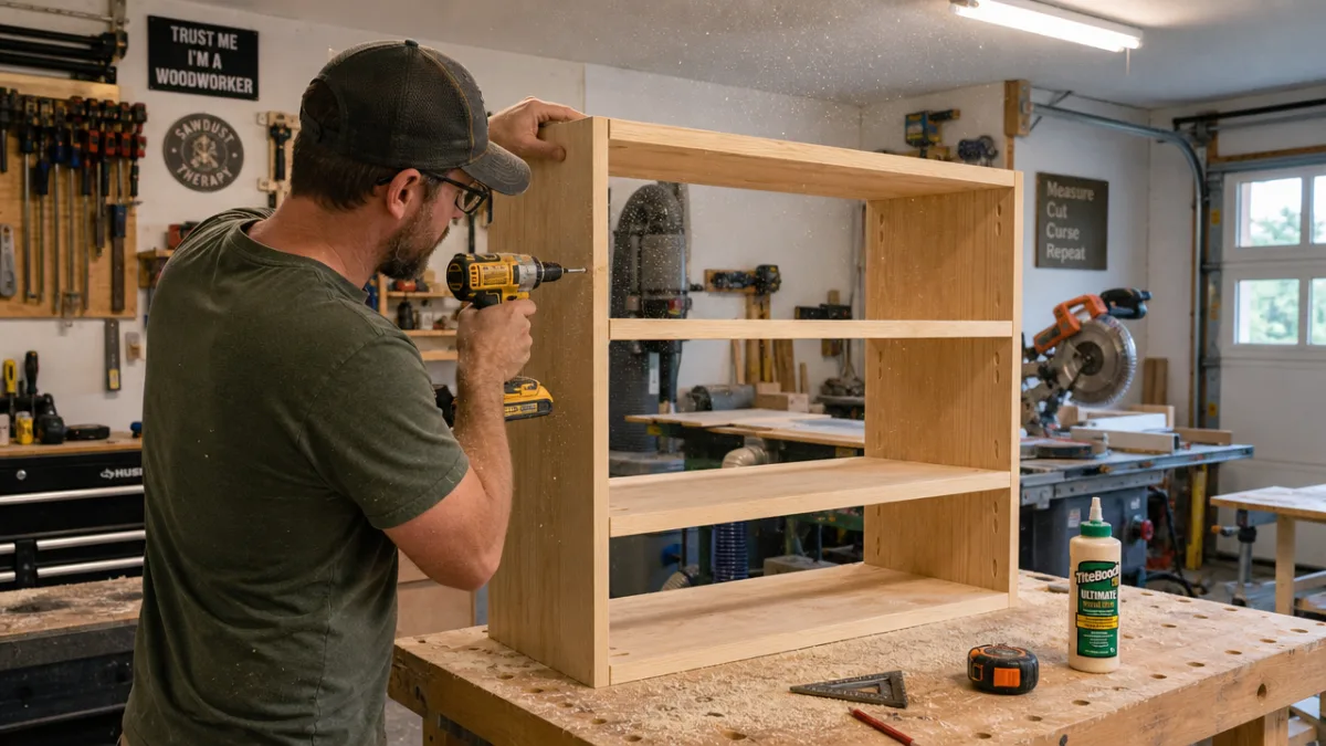 a hands-on woodworking scene showing freshly cut wooden shelves being assembled in…