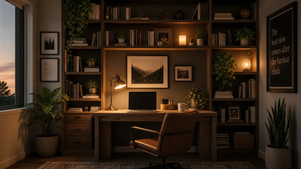 a beautifully styled bookshelf desk in a home office with plants, books,…