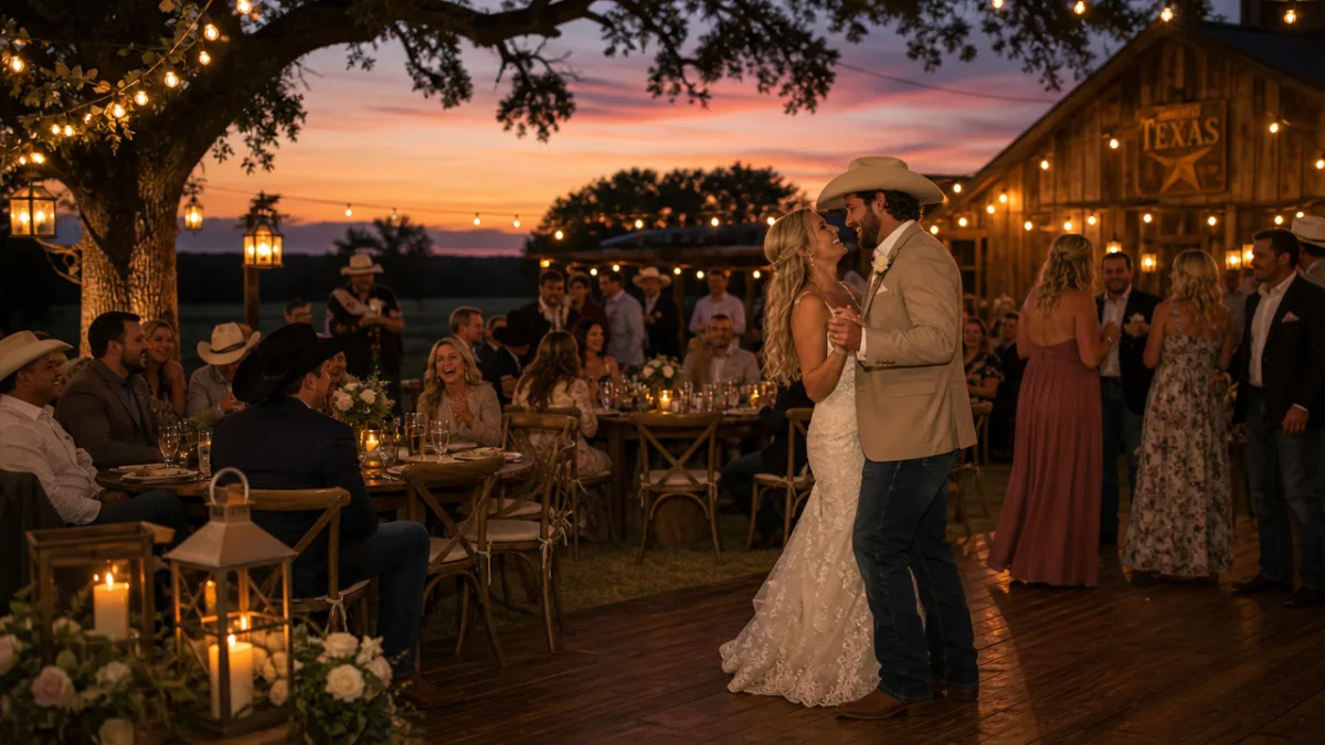 a romantic outdoor Texas reception at dusk, warm lantern light illuminating laughing…