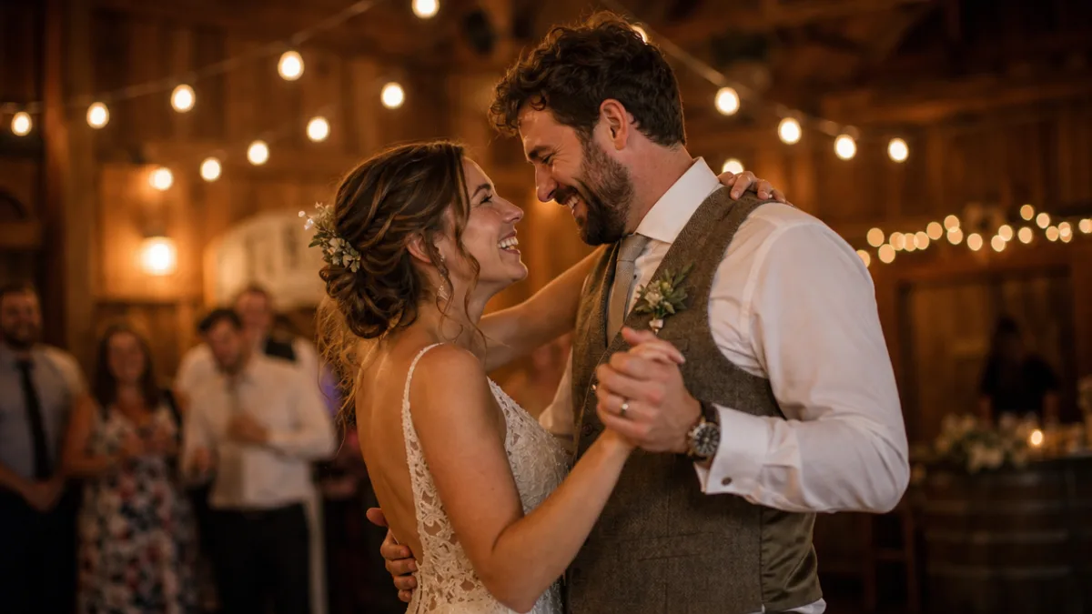 a joyful couple sharing their first dance in a warmly lit rustic…