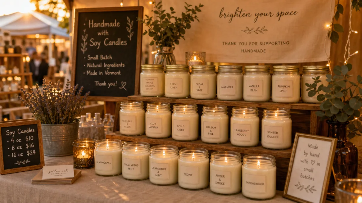 a warmly lit craft fair booth displaying rows of handmade candles in…