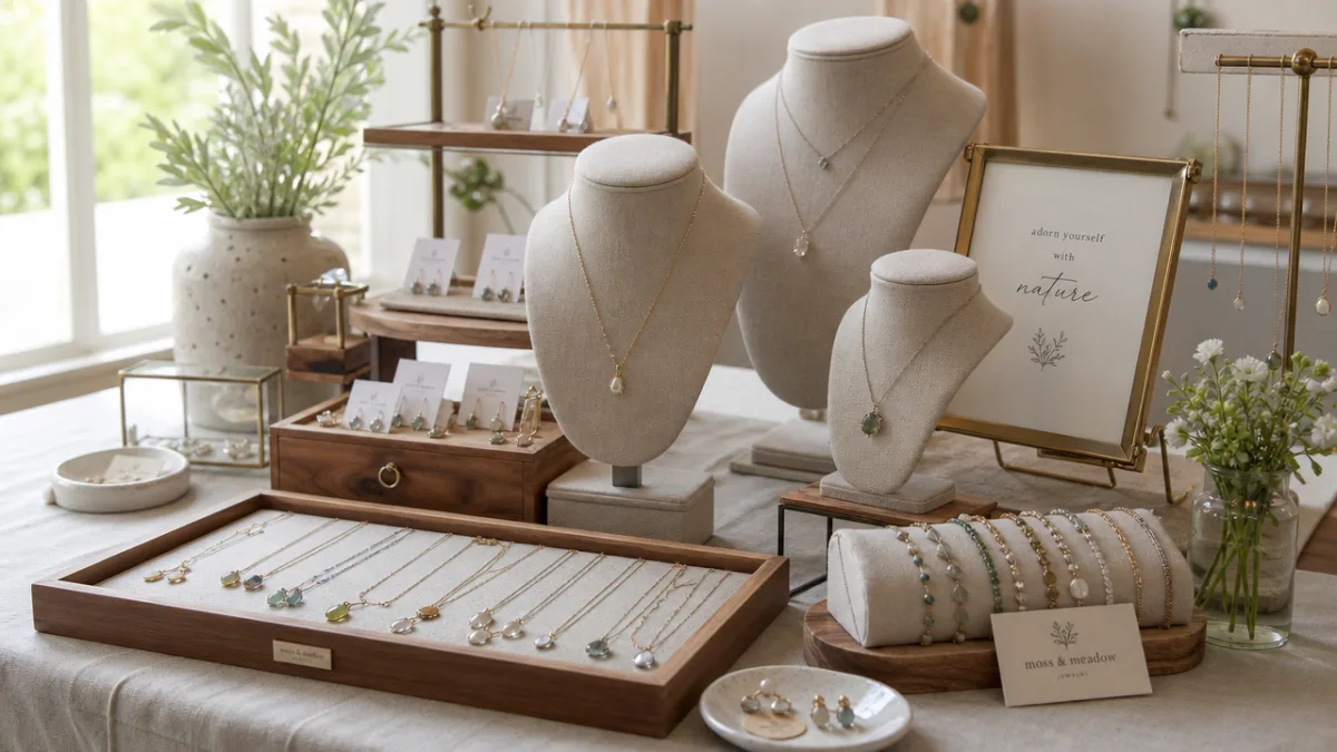 an elegant craft fair jewelry display with layered trays and busts, soft…