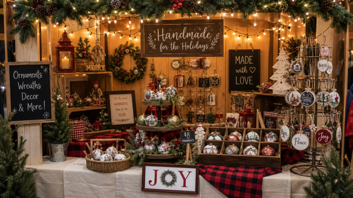 a festive holiday craft fair booth filled with ornaments and seasonal decor,…