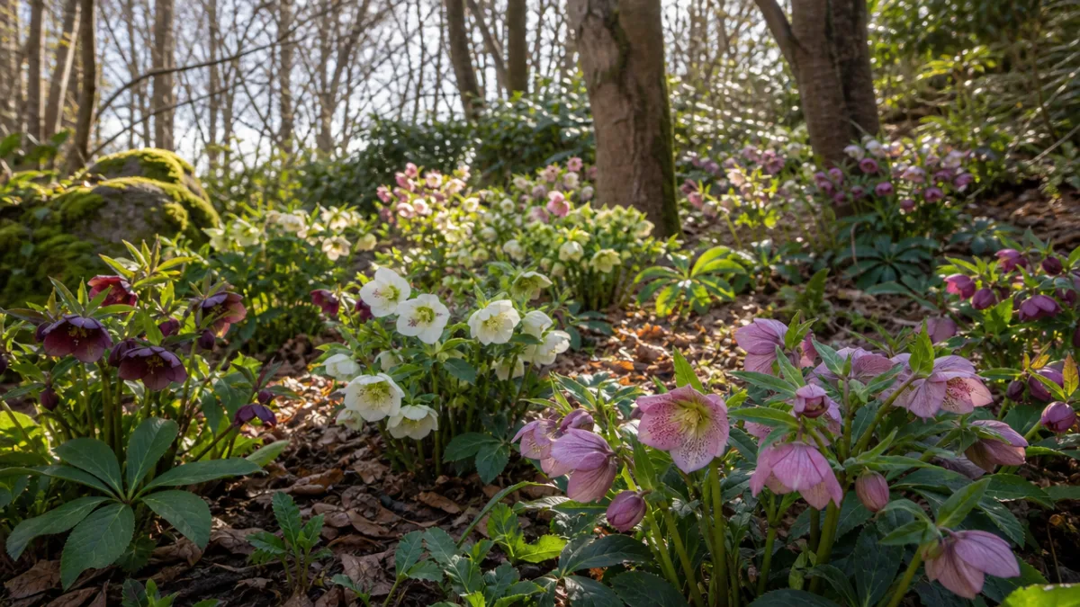 a woodland garden bed with clusters of hellebore plants in bloom, dappled…