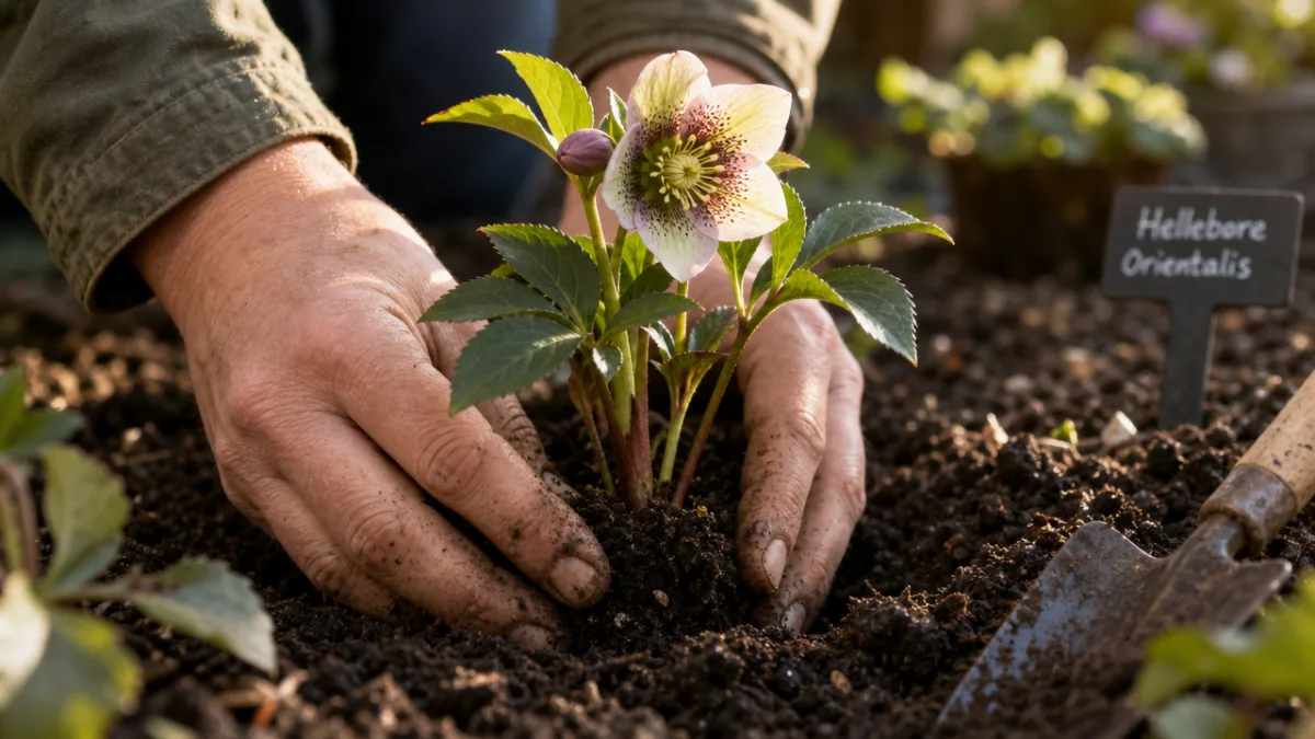 a gardener's hands carefully planting a hellebore seedling into rich dark soil,…