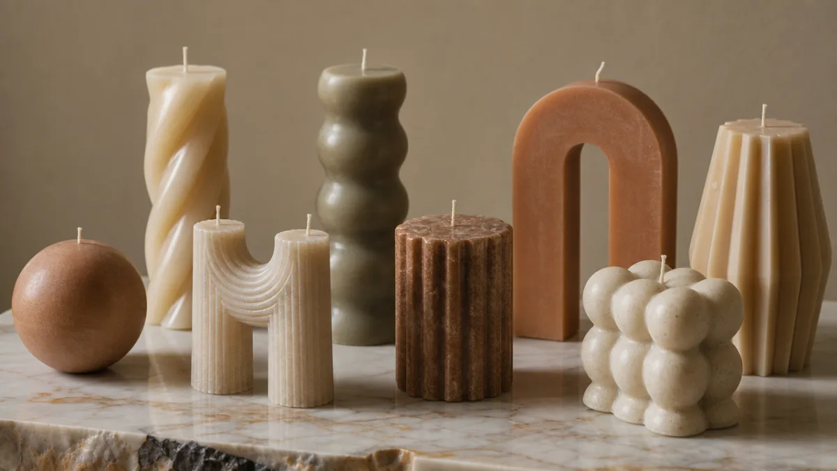 a collection of sculptural wax candles in earthy tones arranged on a…