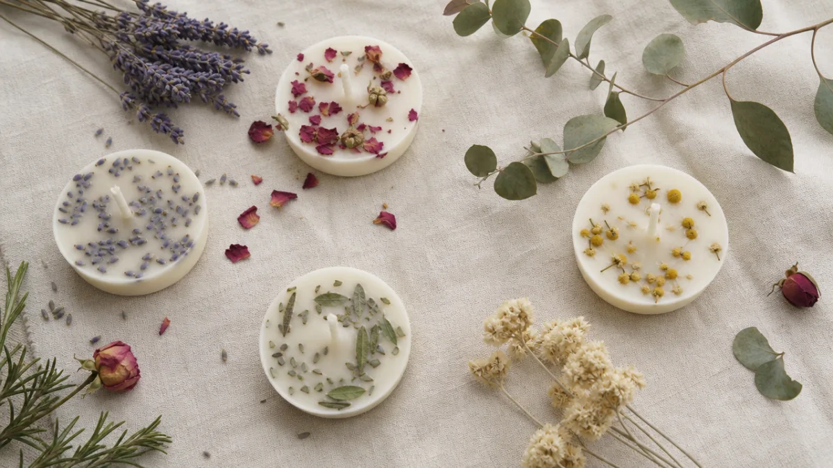 a flat lay of botanical candles with dried flowers and herbs on…