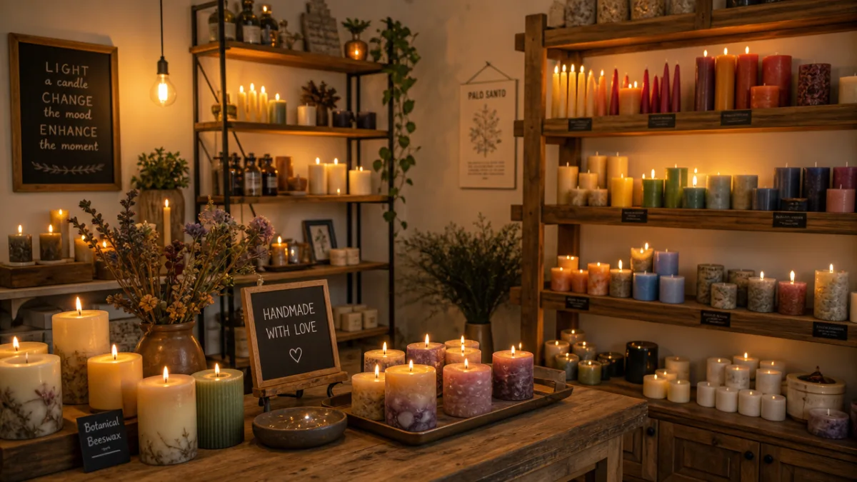 an artisan candle studio with colorful wax candles displayed on wooden shelves,…