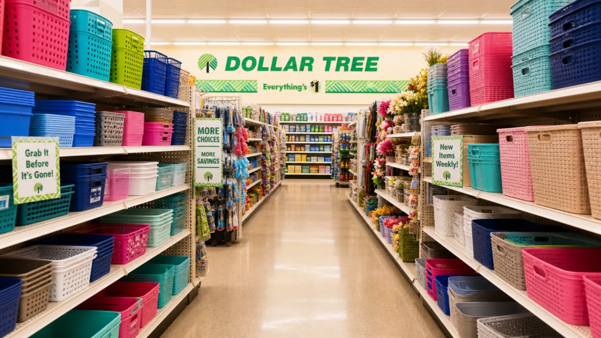 a bright Dollar Tree store aisle filled with colorful bins and baskets,…