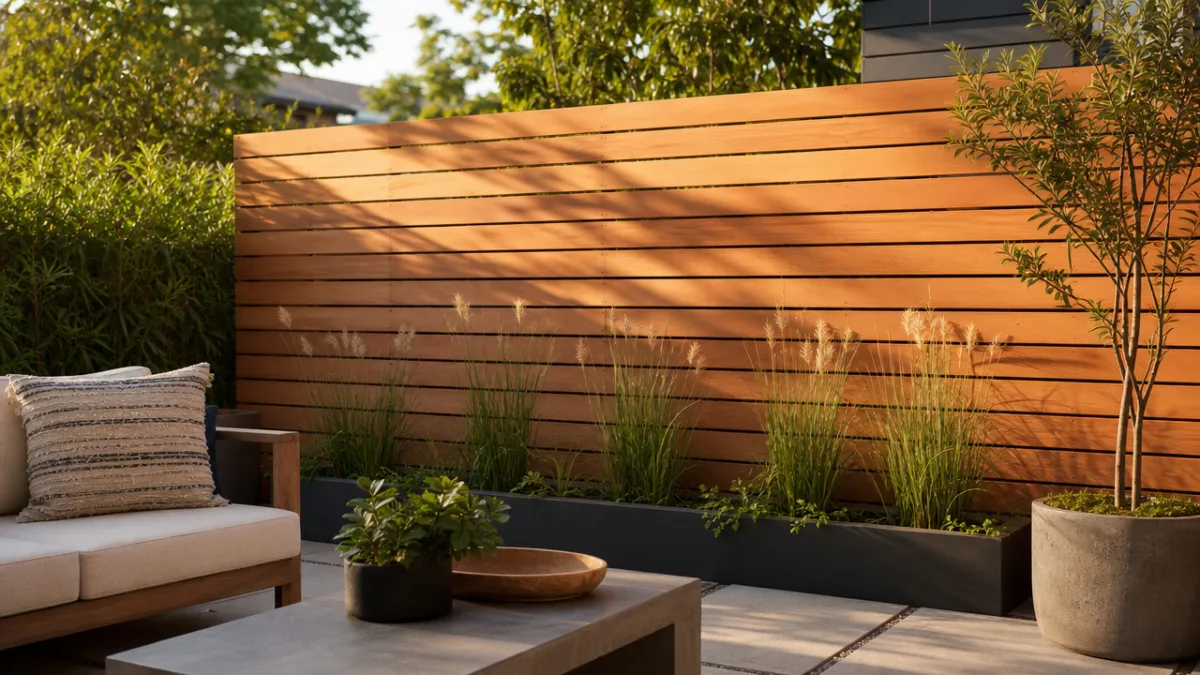 a modern cedar privacy screen in a sunlit backyard patio, warm afternoon…