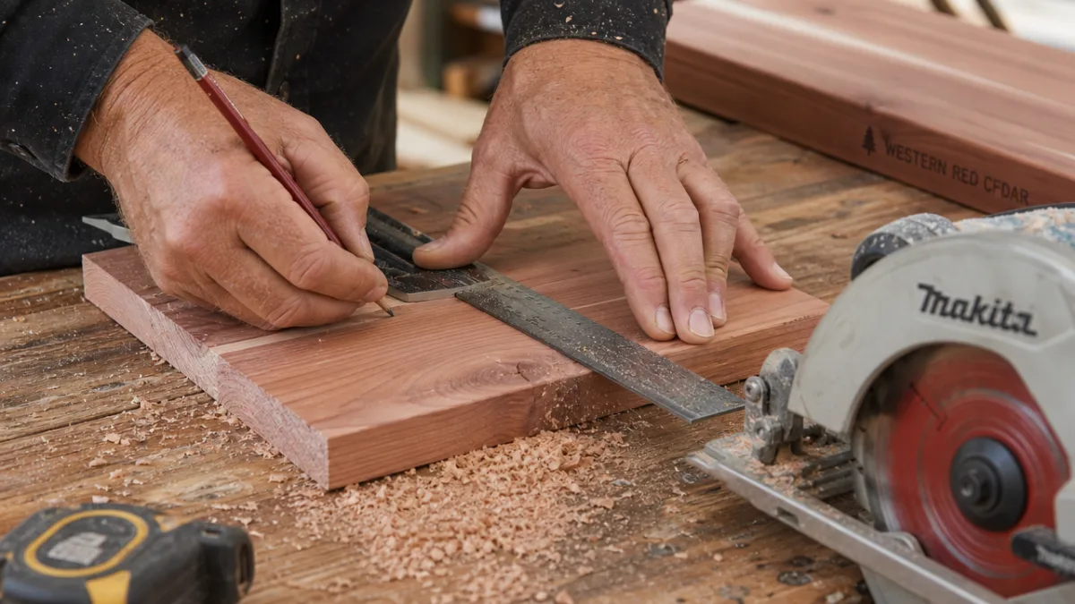 close-up of skilled hands measuring and cutting cedar boards on a workbench,…