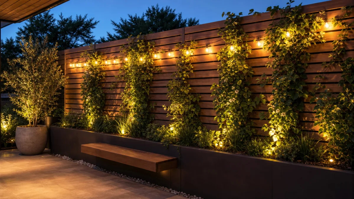 a beautifully finished modern privacy screen at dusk with warm string lights,…