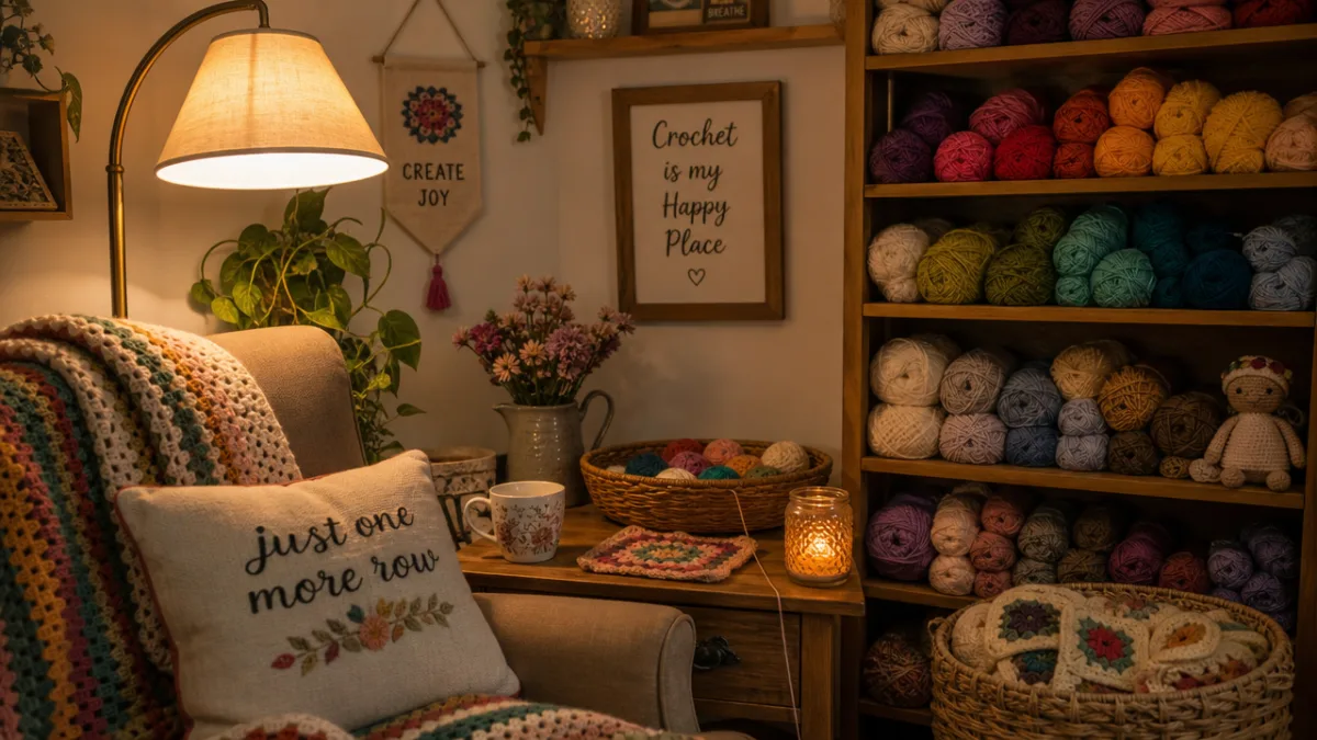 a cozy crochet crafting corner with warm lamp light, colorful yarn skeins…