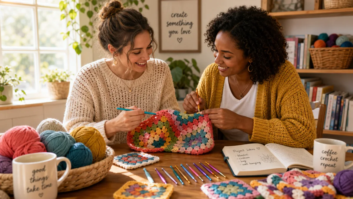 two crocheters collaborating over colorful yarn and hooks on a sunlit wooden…