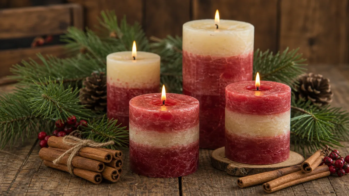 a rustic wooden table with handmade layered pillar candles in red and…