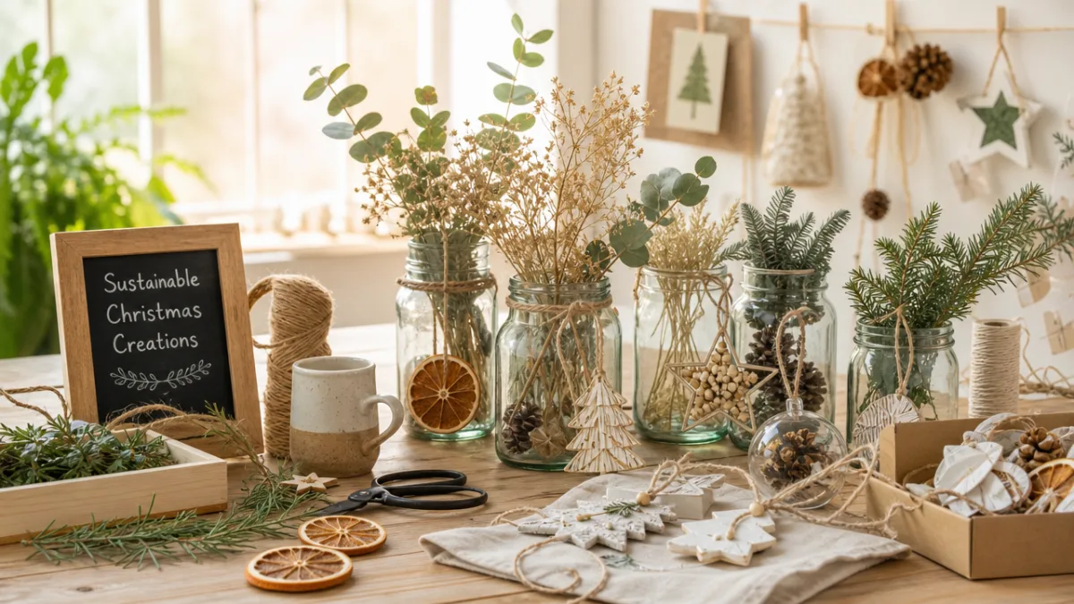a bright natural craft workspace with upcycled glass jars, dried foliage, and…