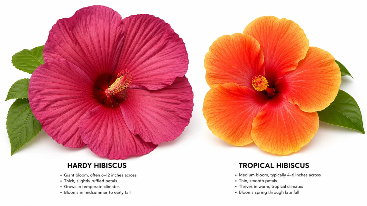 a side-by-side comparison of a giant hardy hibiscus bloom and a tropical…
