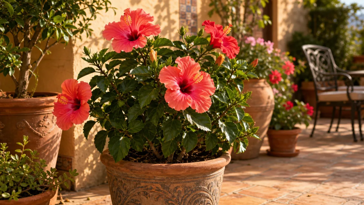 a container tropical hibiscus on a sunny patio surrounded by terracotta pots,…