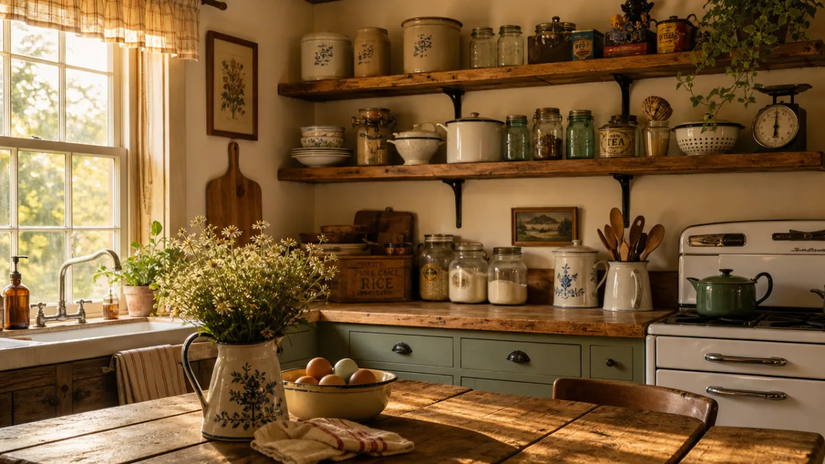 a warm rustic kitchen with open wooden shelves holding vintage jars and…