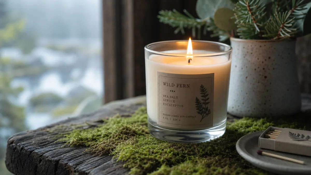 a handcrafted soy candle in a glass vessel glowing on a moss-covered…