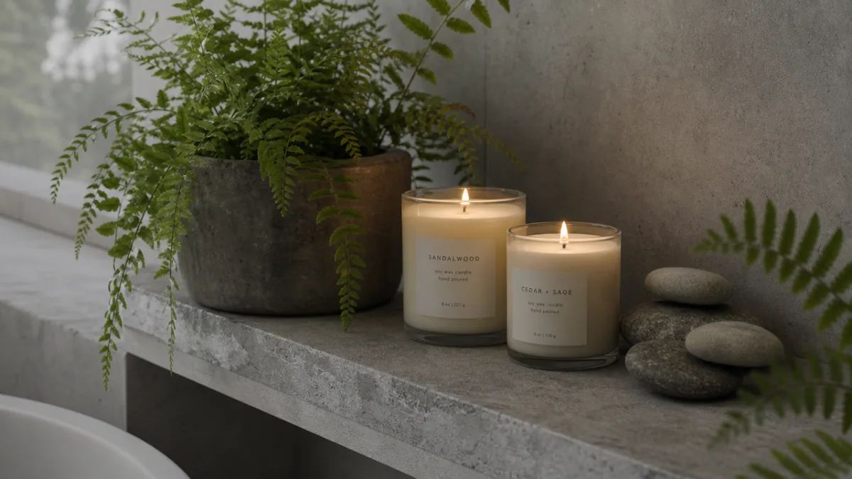 a pair of soy candles burning on a stone bathroom shelf beside…