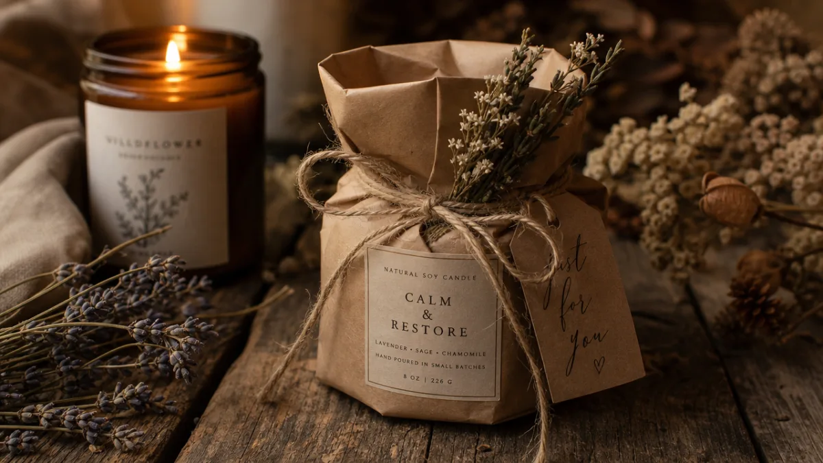 a gifted soy candle wrapped in kraft paper on a rustic wooden…