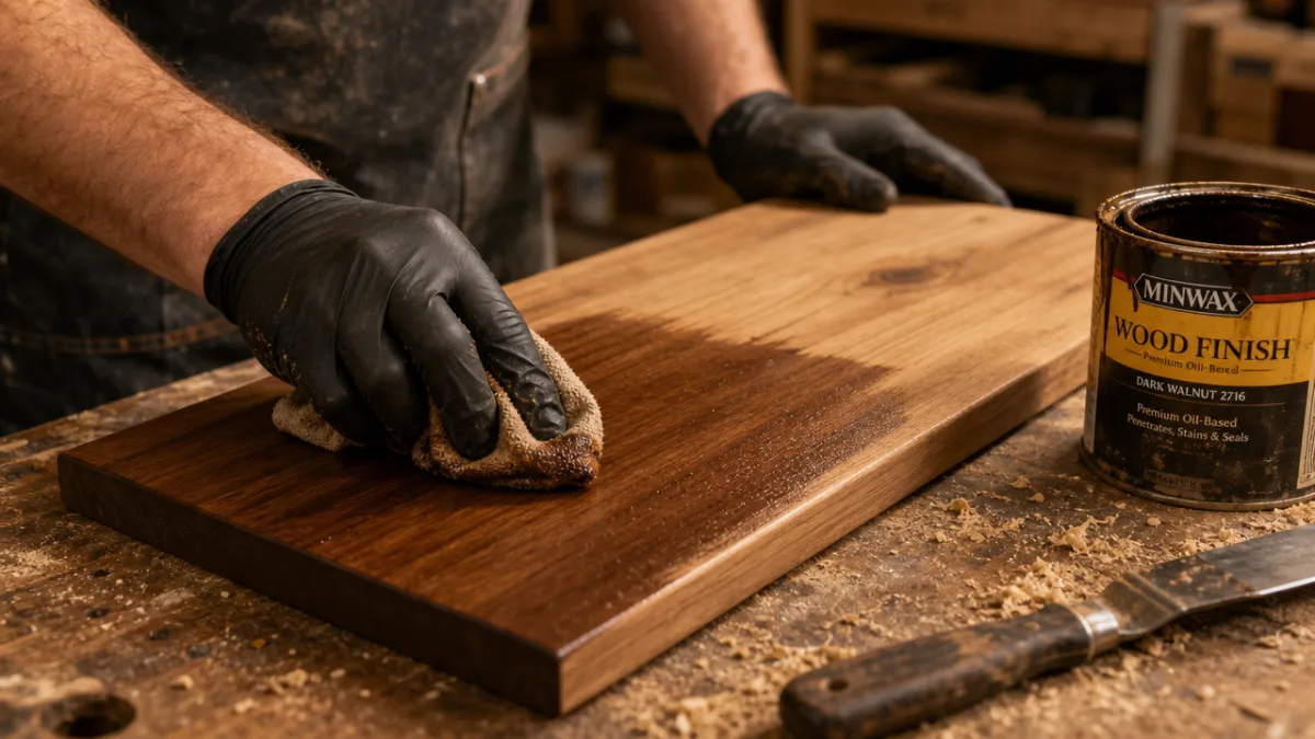 a close-up of hands staining a wooden shelf board on a workbench,…