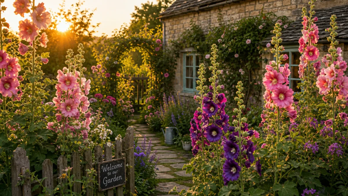 a lush cottage garden filled with tall blooming hollyhocks in purple and…