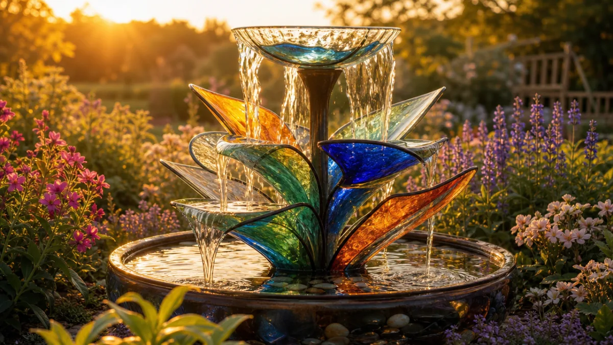 a solar glass fountain surrounded by flowering plants in golden hour light,…