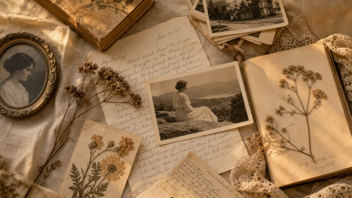 a warm flat lay of vintage photographs, handwritten letters, and pressed flowers…