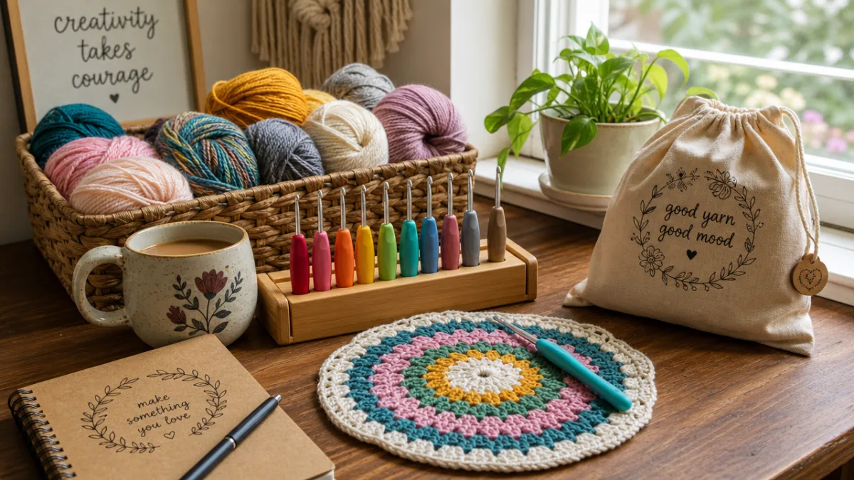 a cozy wooden craft table with colorful yarn skeins, ergonomic crochet hooks,…
