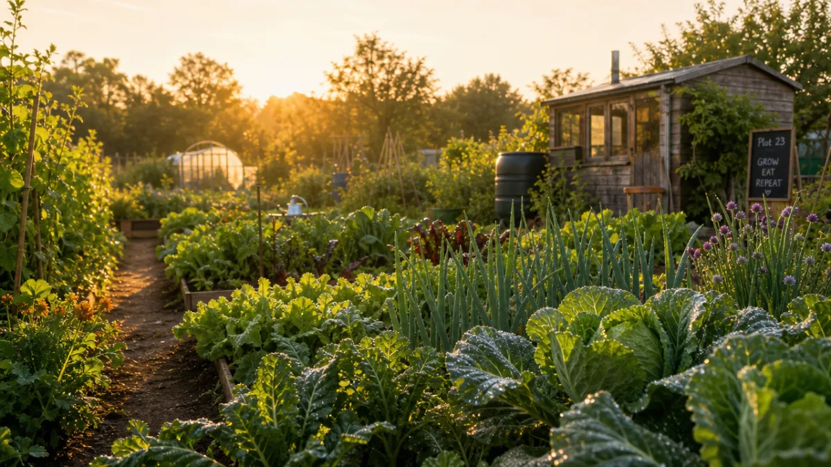 a lush allotment garden in soft morning light, rows of green vegetables…